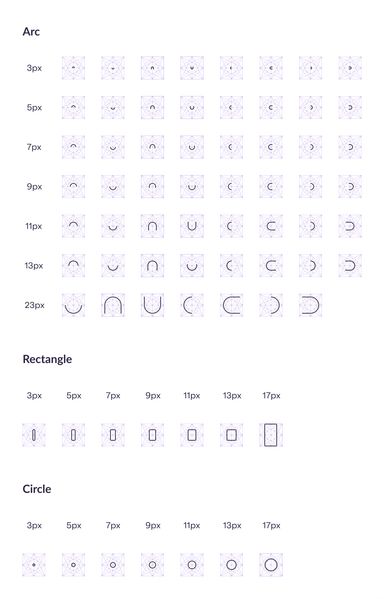 Different sized icons grouped by Arc, Rectangle and Circle